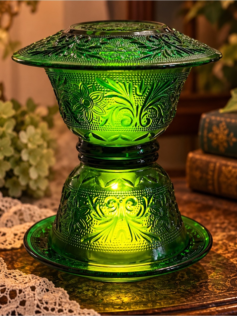 Vintage Tiara Emerald Green Sandwich Glass Fairy Lamp – 4 Piece Set